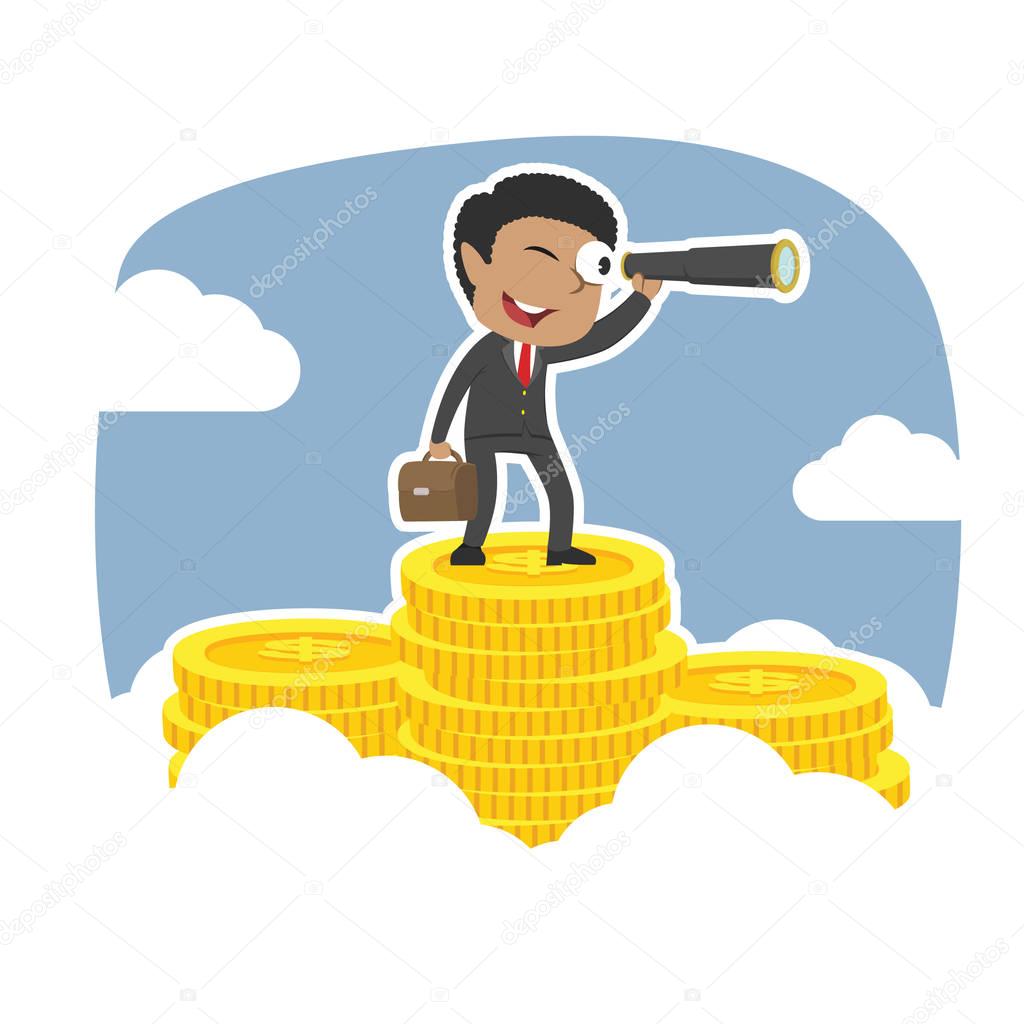 african businessman using telescope on the top of coins peak