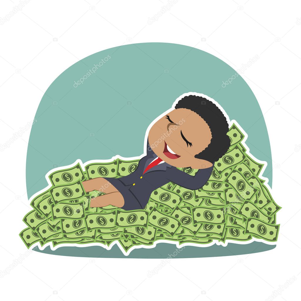 african businesswoman sleeping on money bed