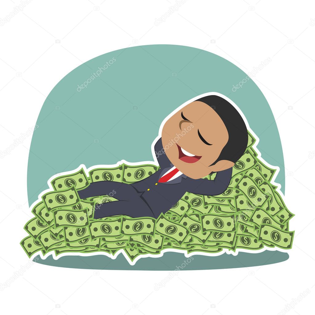 african businessman sleeping on money bed