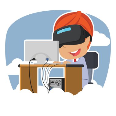 Hintli işadamı VR gökyüzü arka plan ile çalışma