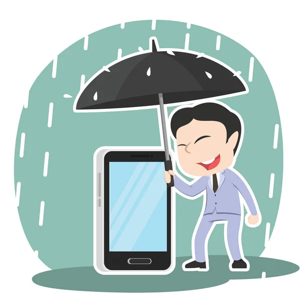 Asiático Empresário Protegendo Seu Telefone Com Guarda Chuva —  Vetores de Stock