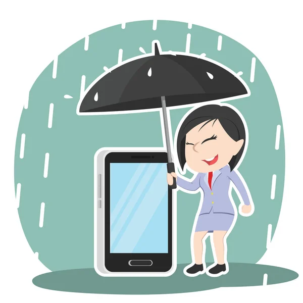 Asya Işkadını Telefonunu Şemsiye Ile Koruma — Stok Vektör