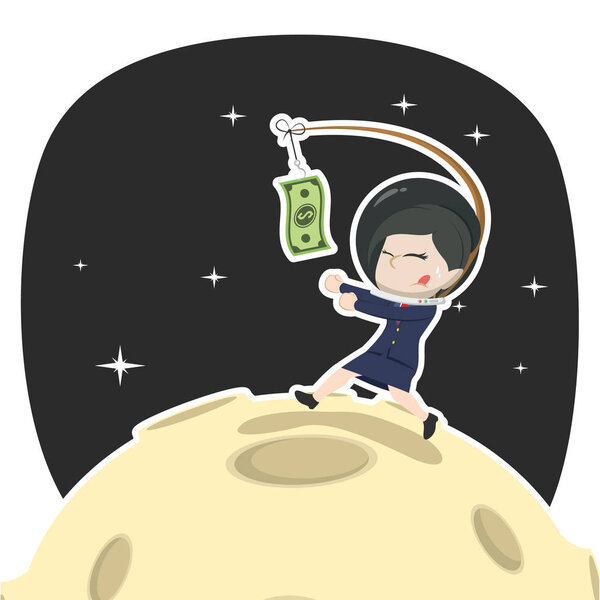 asian businesswoman is chasing money on moon