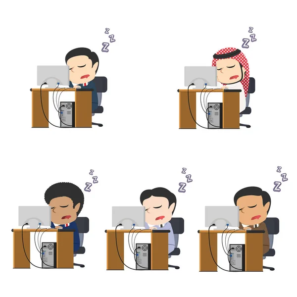 Business Man Fall Asleep While Working Different Race Set — стоковый вектор