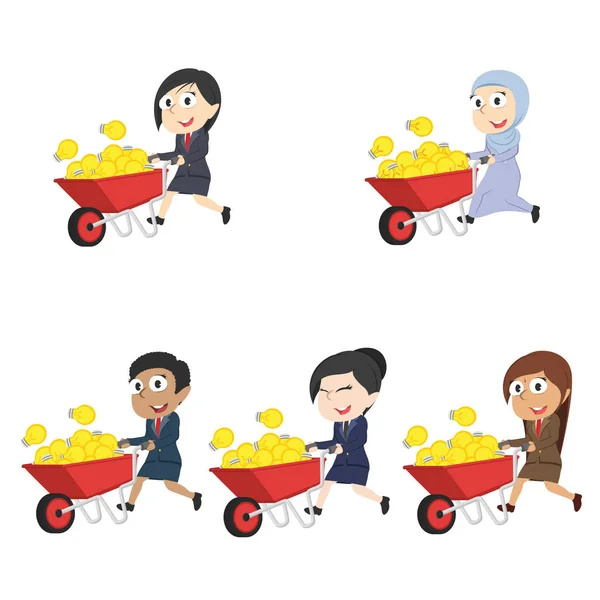 Business Woman Pushing Wheelbarrow Full Ideas Different Race Set — стоковый вектор