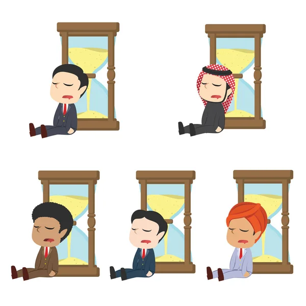 Business Man Sleeping Hourglass Different Race Set — стоковый вектор