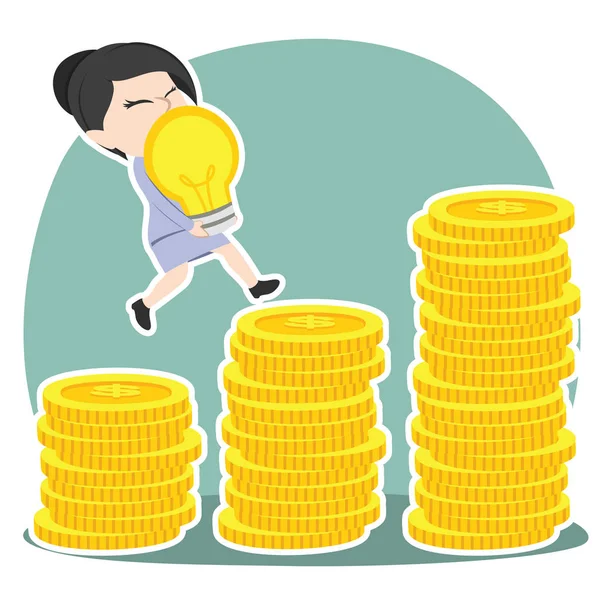 Asian Businesswoman Climbing Coin Stairs While Carrying Idea — Stock Vector