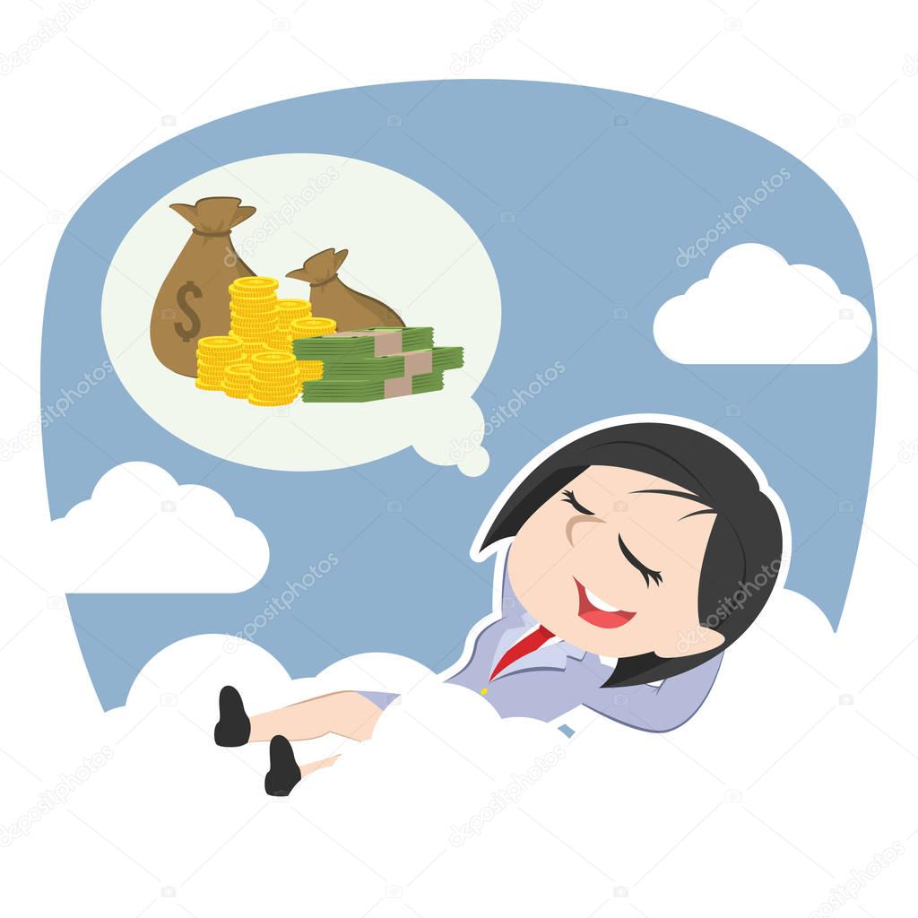 asian businesswoman relaxing on clouds thinking about money