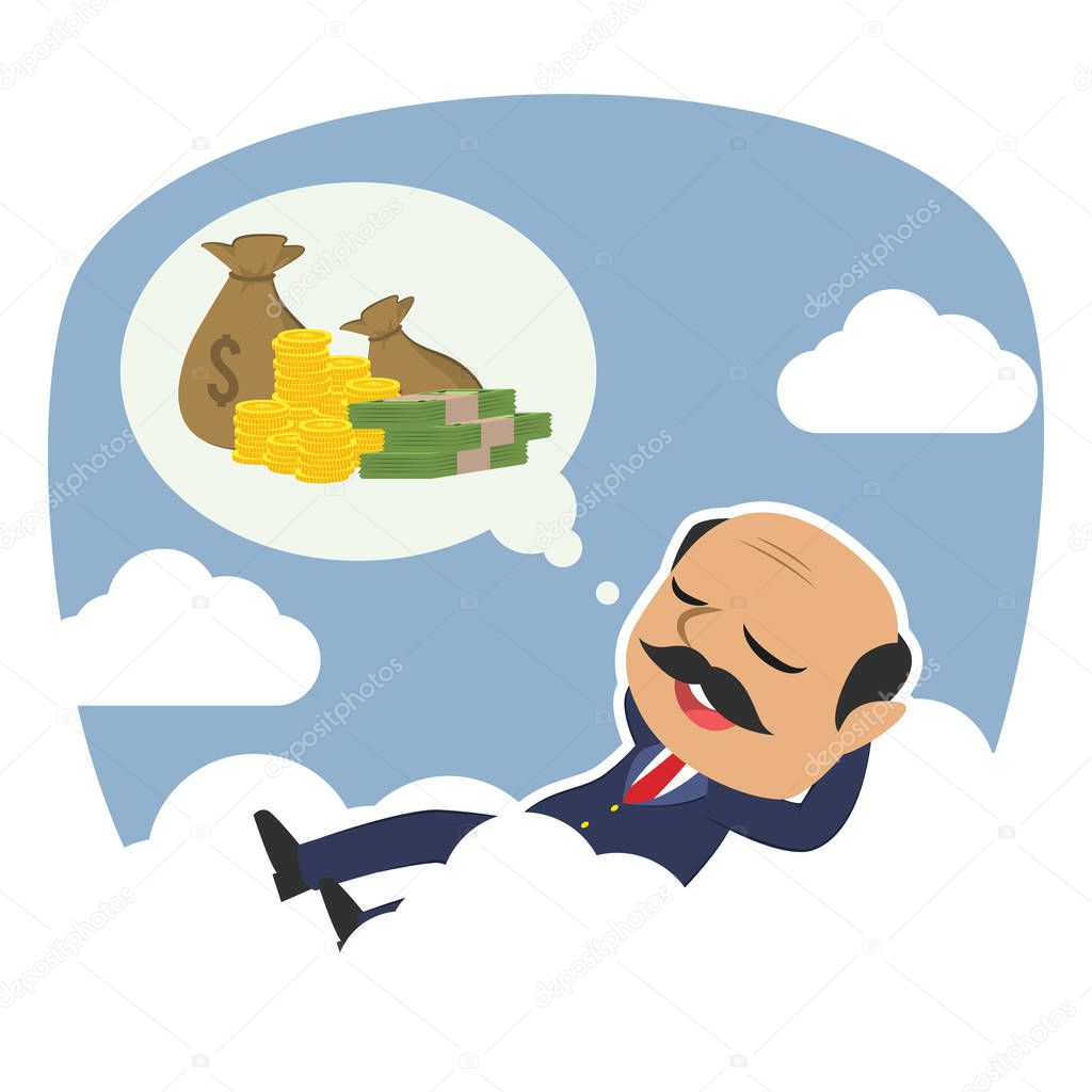 indian boss relaxing on clouds thinking about money