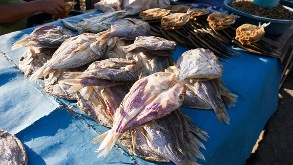 Αποξηραμένα ψάρια κάτω από τον ήλιο στον γαλάζιο πίνακα που πωλούνται στην αγορά ψαριών από πωλήσεις γυναίκα. Εικόνα Αρχείου