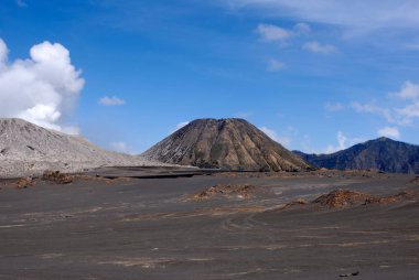 Kumlu dibinde kahverengi: aktif yanardağ mount Bromo sabahın erken saatlerinde Tengger Semeru Milli Parkı Doğu Java.