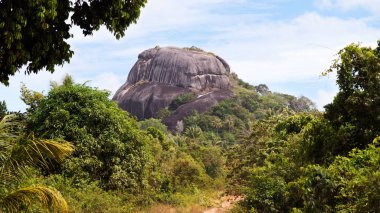 Ada Belitung, Endonezya öğle anda yeşil bitki örtüsü arasında büyük siyah kaya.