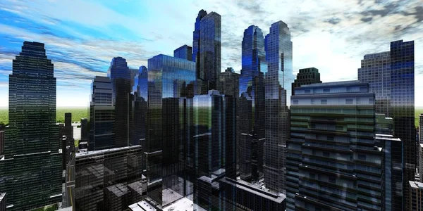 高層ビルの美しいパノラマ 3Dレンダリング — ストック写真