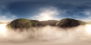 HDRI, environment map , Round panorama, spherical panorama, equidistant projection, panorama 360, Green hills in the morning in the fog