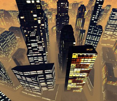 Night city from above in the fog