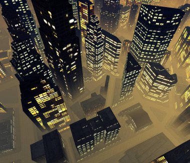 Night city from above in the fog