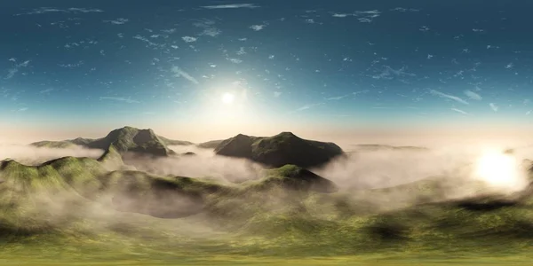 Hdri Umgebungskarte Rundpanorama Kugelpanorama Äquidistanzprojektion Rundpanorama 360 Grüne Hügel Morgen — Stockfoto