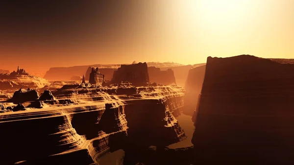 Mars Sunset Panorama Mars Alien Landscape Rendering — 스톡 사진