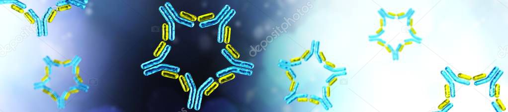Corona antibody, close-up antibodies, immunoglobulins, corona antivirus, 3D rendering