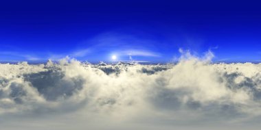 Bulutların manzarası, Hdri, çevre haritası, yuvarlak panorama, küresel manzara, eşit uzaklıktaki yansıma, panorama 360, bulutların üzerinde uçan, bulutların üstünde gökyüzü, 3D görüntüleme.