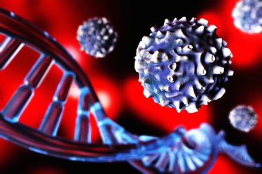 Kök hücreler - bir DNA sarmalının arka planında farklılaşmamış (olgunlaşmamış) hücreler, 3d oluşturma