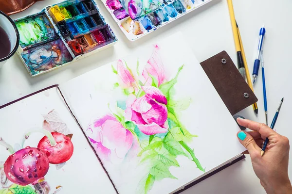 Drawing album with painted peonies