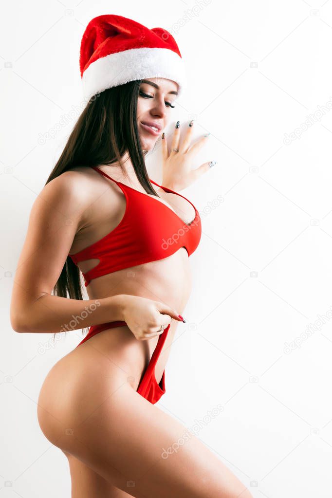 WOman  red swimsuit on HAppy new year