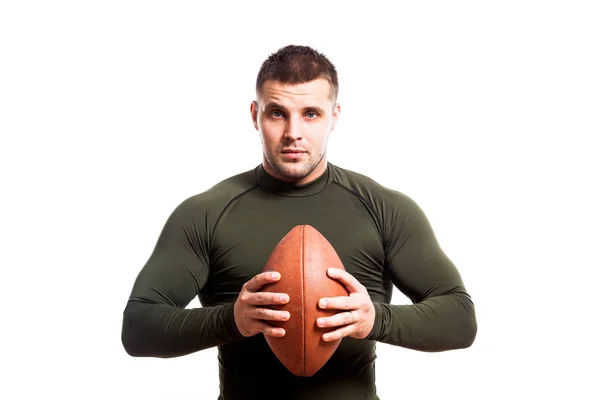 Young Dark Haired Male Wrestler Green Sports Rashgard Smiles Holds — Stock Photo, Image