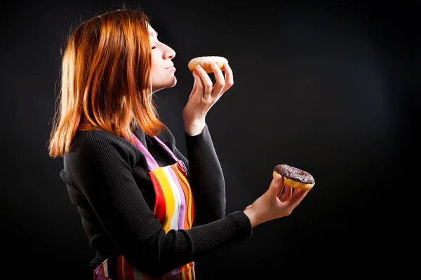 Young Red Haired Woman Black Turtleneck Kitchen Apron Laughs Sniffs — Stock Photo, Image