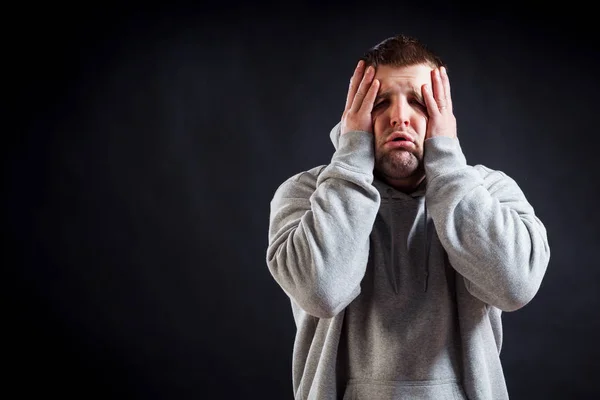 Young Dark Haired Man Sporty Gray Sweatshirt Suffers Headache Experiences — Stock Photo, Image