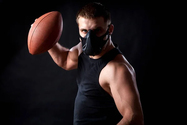 Portrait Young Athletic Man Wearing Sport Shirt Training Mask Holding — Stock Photo, Image