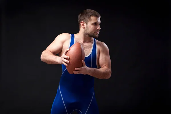 Joven Luchador Masculino Cabello Oscuro Con Unas Medias Lucha Azul — Foto de Stock