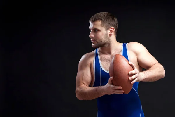 Joven Luchador Masculino Cabello Oscuro Con Unas Medias Lucha Azul — Foto de Stock