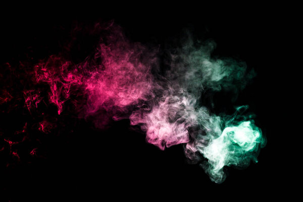 Cloud of smoke of green and red isolated background. Background from the smoke of vape