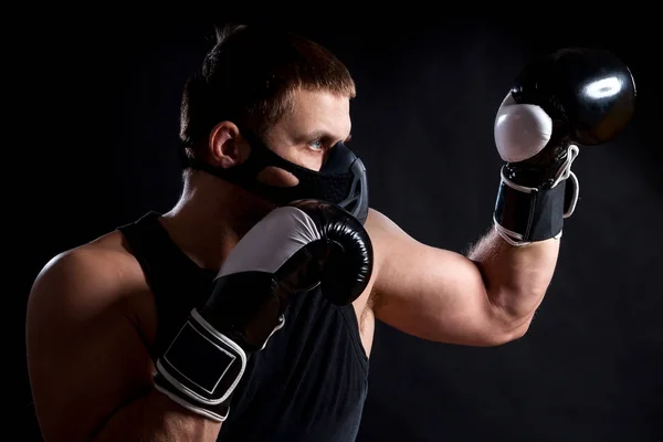 Young Sporty Blue Eyed Man Sports Black Shirt Wearing Boxing — Stock Photo, Image