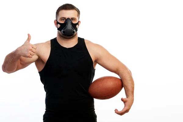Sportovní Modrooký Muž Sportovní Černé Tričko Nosí Boxerské Rukavice Masku — Stock fotografie
