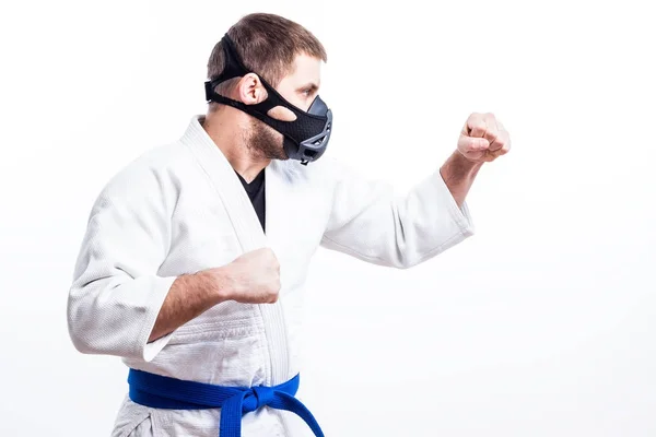 Young Athletic Man Fighter White Kimono Judo Jiu Jitsu Sambo — Stock Photo, Image