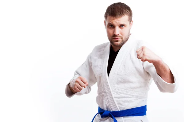 Ung Man Fighter Vit Kimono Med Svart Bälte För Judo — Stockfoto