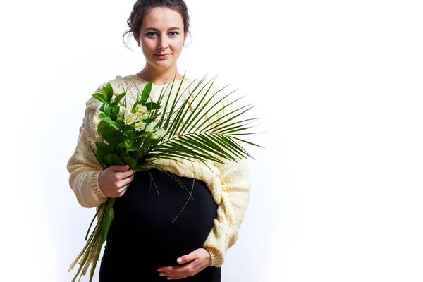 Молодая Красивая Беременная Женщина Черном Платье Вязаный Свитер Молочном Цвете — стоковое фото