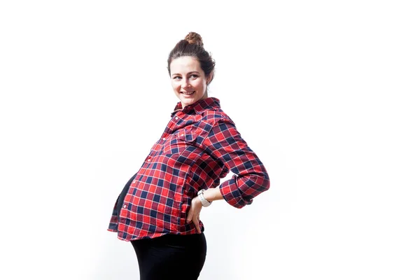 Молодая Красивая Женщина Недель Беременности Черном Платье Клетчатой Рубашке Смотрит — стоковое фото