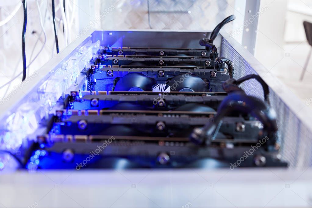 Close-up equipment for mining crypto-bitcoin, ether. Video cards, motherboards