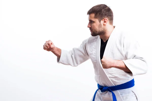 Jovem Lutador Quimono Branco Com Cinto Preto Para Judô Jujitsu — Fotografia de Stock