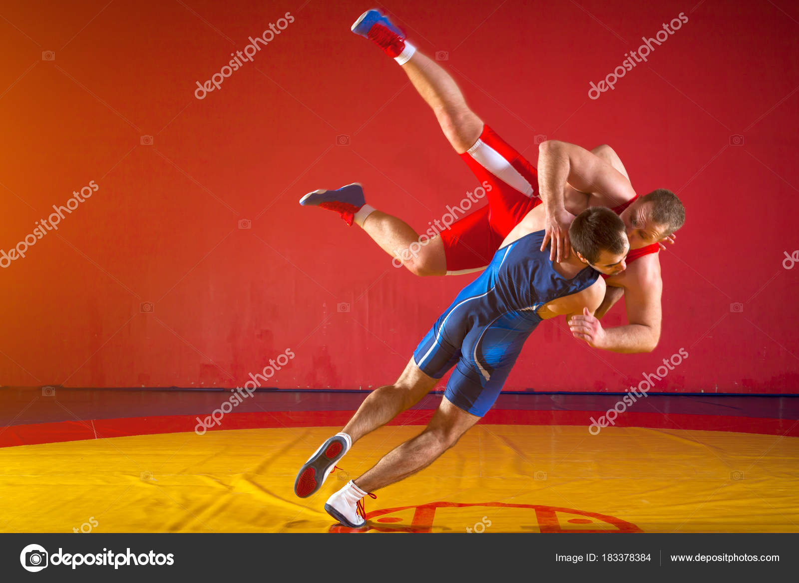 Two Strong Men Blue Red Wrestling Tights Wrestlng Making Suplex