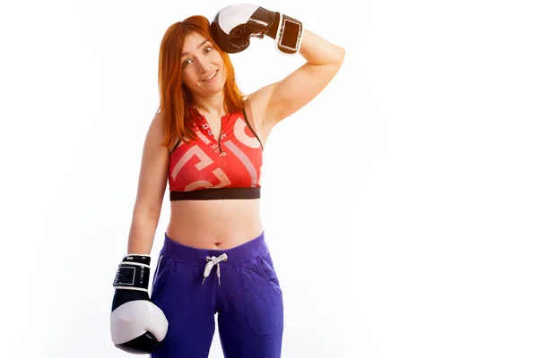 Young Red Haired Woman Sportswear Black White Boxing Gloves Smiles — Stock Photo, Image