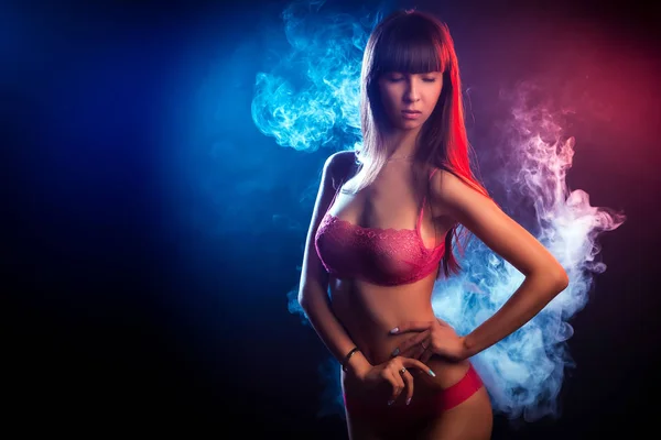 Beautiful Woman Dark Long Hair Red Lingerie Looks Camera Posing — Stock Photo, Image