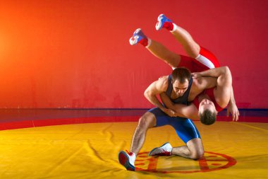 Mavi ve kırmızı güreş taytı giymiş iki genç güreşiyor ve spor salonundaki sarı bir güreş halısında güreşiyorlar.