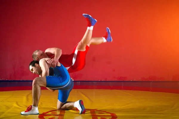 Mavi Kırmızı Tayt Güreş Iki Genç Erkek Wrestlng Bir Kalça — Stok fotoğraf