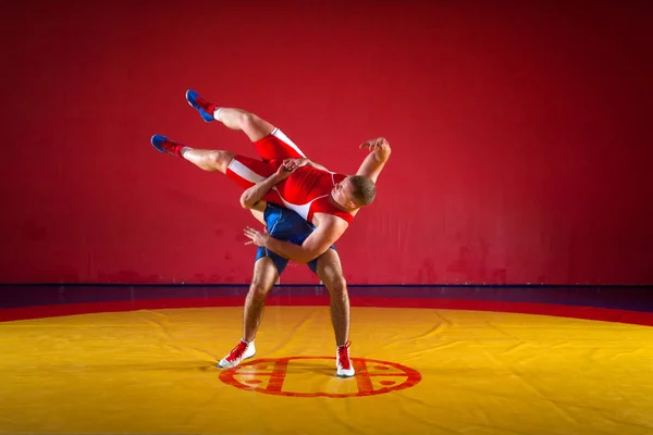 青と赤のタイツをレスリングで つの若い男性は Wrestlng とジムでカーペットをレスリング黄色の腰投げを作る — ストック写真