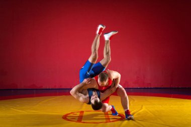 Mavi ve Kırmızı tayt güreş iki güçlü güreşçiler wrestlng ve bir sarı halı spor salonunda güreş güreş suplex yapım vardır. Kıskaç yapan genç erkek.