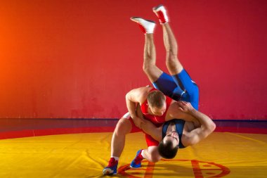 Mavi ve Kırmızı tayt güreş iki güçlü güreşçiler wrestlng ve bir sarı halı spor salonunda güreş güreş suplex yapım vardır. Kıskaç yapan genç erkek.